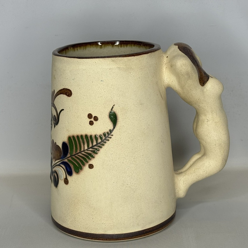 Vintage Tonala Mexican Pottery Sandstone Bird Coffee Large Mug with Lady Handle
